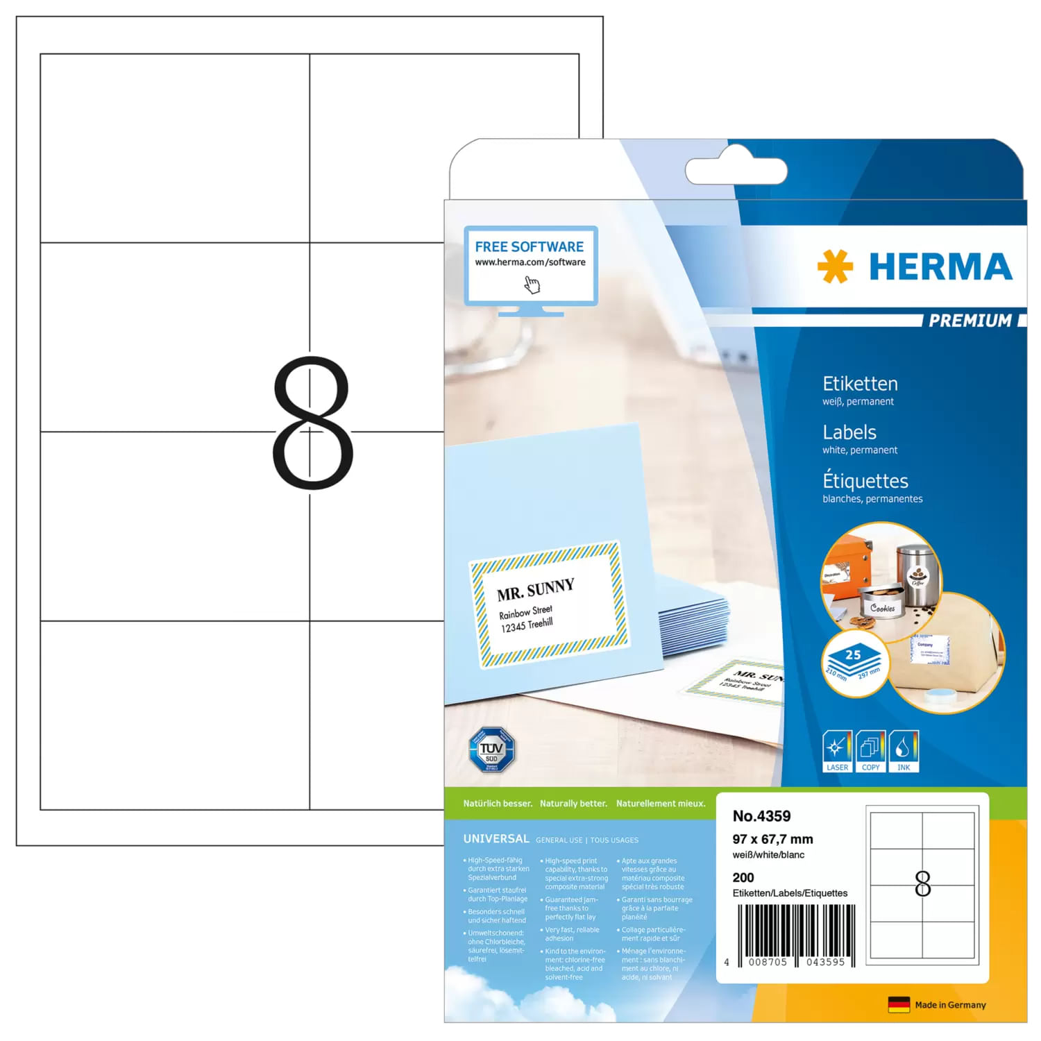 HERMA Premium - Etichette autoadesive permanenti in carta laminata opaca - bianco - 97 x 67,7 mm - 200 etichetta(e) (25
