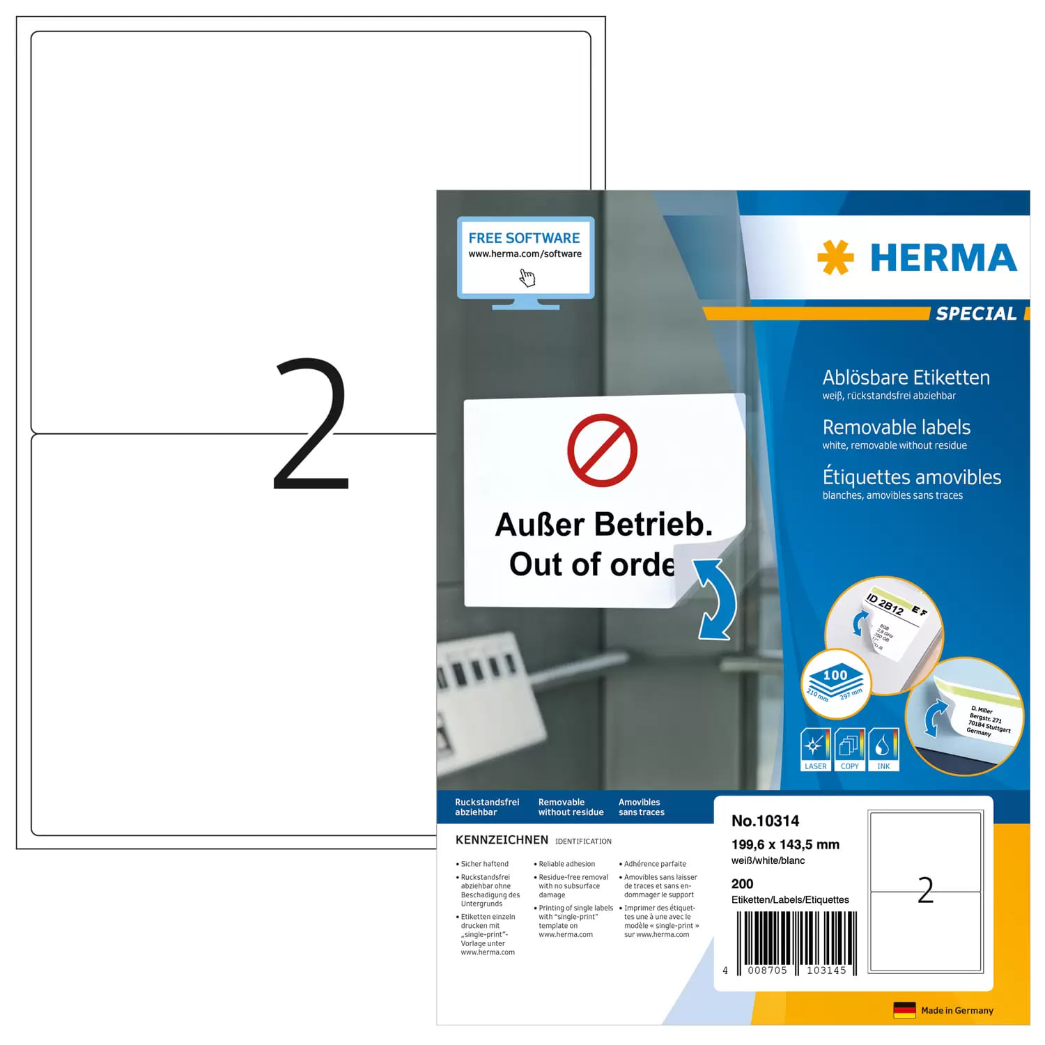 HERMA 10314 etichetta autoadesiva Rettangolo con angoli arrotondati Rimovibile Bianco 200 pz