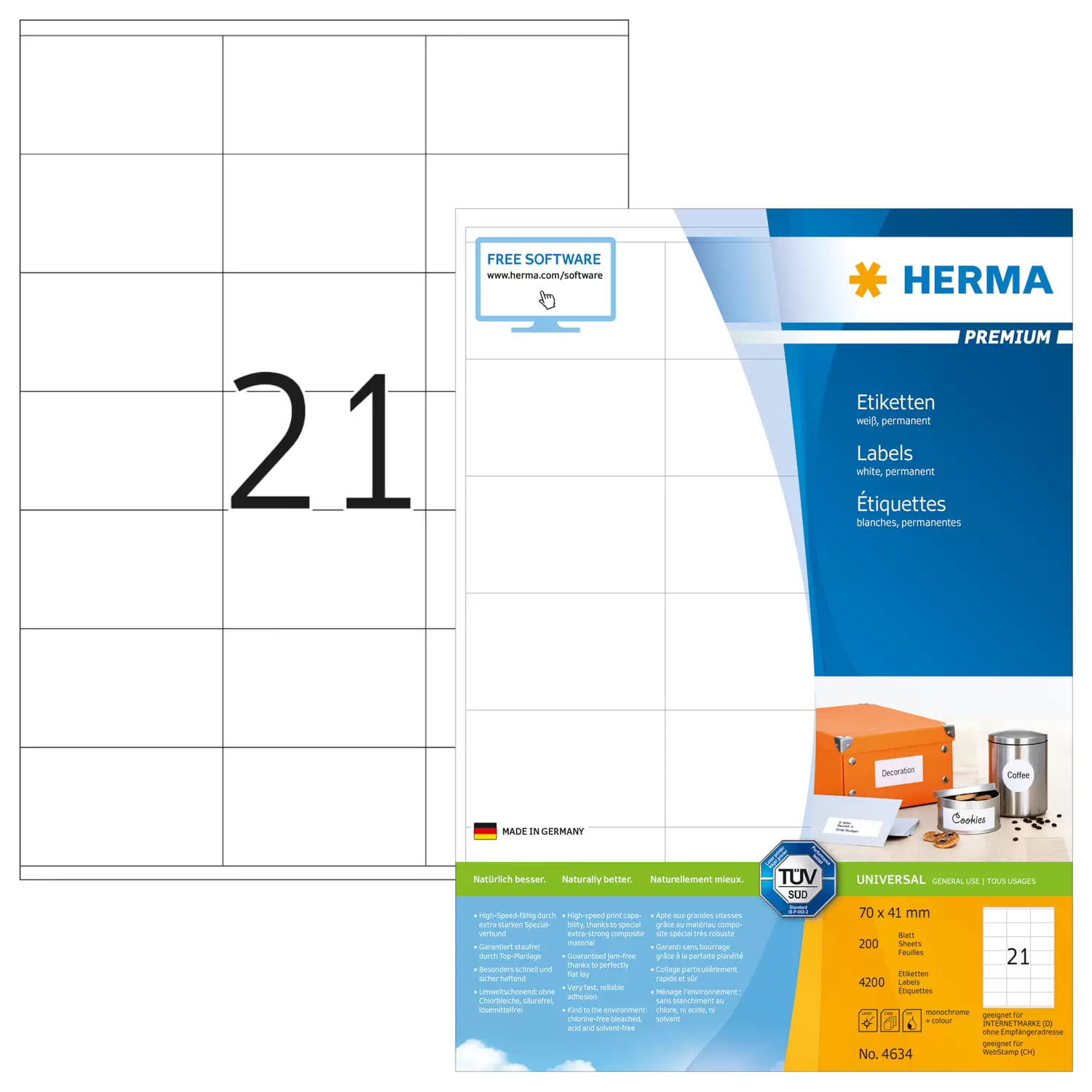 HERMA 4634 etichetta autoadesiva Rettangolo Permanente Bianco 4200 pz