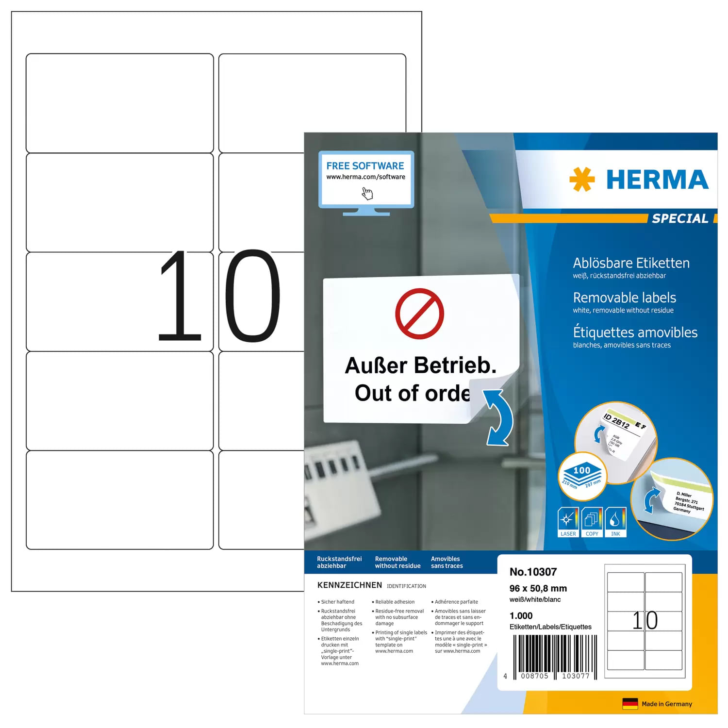 HERMA 10307 etichetta autoadesiva Rettangolo con angoli arrotondati Rimovibile Bianco 1000 pz