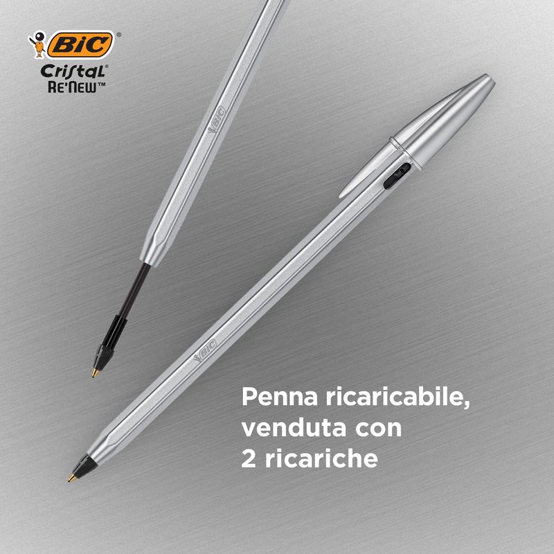 BIC-Cristal-Re-New-Penna-Ricaricabile-Blu-a-Sfera-Fusto-in-Metallo--Punta-1mm--Confezione-1-Penna---2-Ricariche