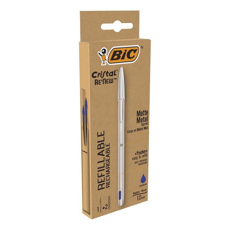 BIC-Cristal-Re-New-Penna-Ricaricabile-Blu-a-Sfera-Fusto-in-Metallo--Punta-1mm--Confezione-1-Penna---2-Ricariche