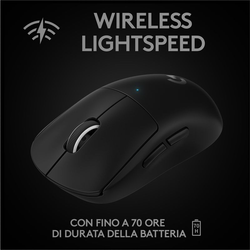 Logitech-G-PRO-X-SUPERLIGHT-Mouse-Gaming-Wireless-Leggero-63-g-Sensore-HERO-25K-25.600-DPI-5-Tasti-Programmabili-Lunga-Autonomia-Memoria-Integrata-per-eSport-Compatibile-con-PC-e-Mac.-Nero