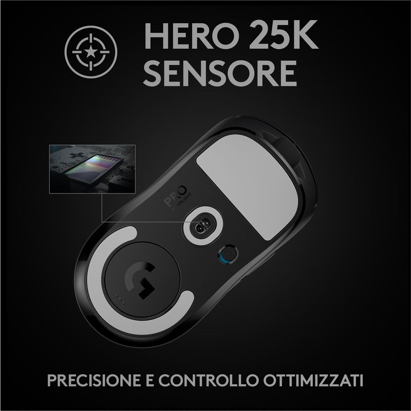 Logitech-G-PRO-X-SUPERLIGHT-Mouse-Gaming-Wireless-Leggero-63-g-Sensore-HERO-25K-25.600-DPI-5-Tasti-Programmabili-Lunga-Autonomia-Memoria-Integrata-per-eSport-Compatibile-con-PC-e-Mac.-Nero