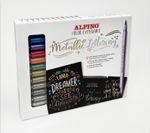 Alpino-Color-Experience-Kit-Iniziazione-Lettering-con-12-pennarelli-metallici-a-doppia-punta-punta-fine-e-punta-a-pennello---1-blocco-di-carta-nera-per-lettere-speciali---1-guida-con-20-motivi---colori-assortiti