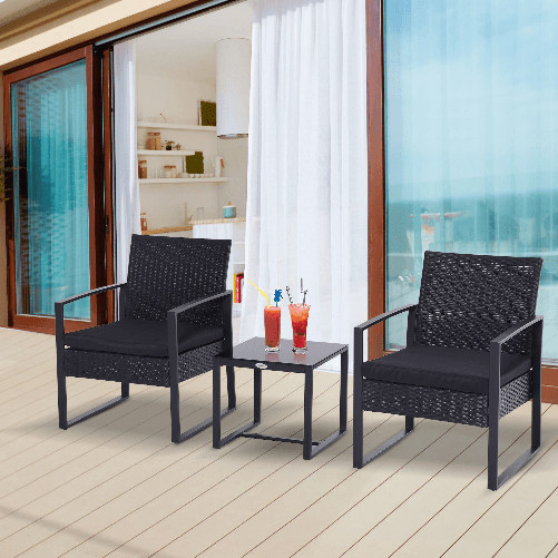 Outsunny-Set-da-Balcone-Tavolino-e-2-Sedie-da-Esterno-in-Rattan-con-Cuscini-Nero