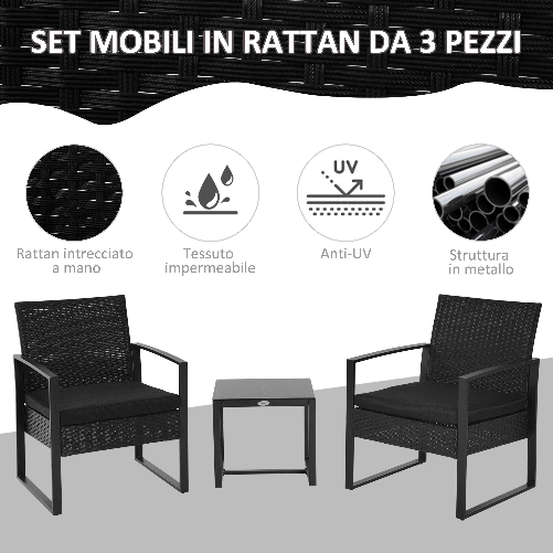 Outsunny-Set-da-Balcone-Tavolino-e-2-Sedie-da-Esterno-in-Rattan-con-Cuscini-Nero