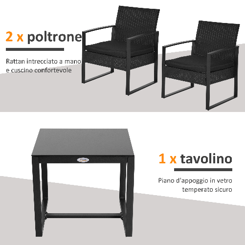 Outsunny-Set-da-Balcone-Tavolino-e-2-Sedie-da-Esterno-in-Rattan-con-Cuscini-Nero