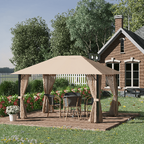 Outsunny-Gazebo-da-Giardino-4x3m-in-Alluminio-e-Acciaio-con-Zanzariera-e-4-Tende-in-Poliestere-Marrone