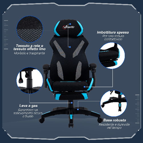 Vinsetto-Sedia-Gaming-con-Supporto-Lombare-e-Altezza-Regolabile-in-Tessuto---Nero