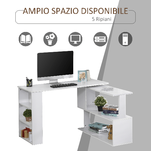 HOMCOM-Scrivania-ad-Angolo-con-5-Ripiani-120-x-100-x-74-5cm-Bianca