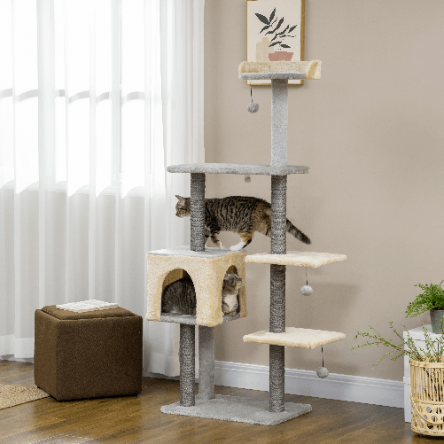 PawHut-Tiragraffi-per-Gatti-Alto-156cm-con-Lettino-Casetta-e-Pali-Tiragraffi-in-Sisal