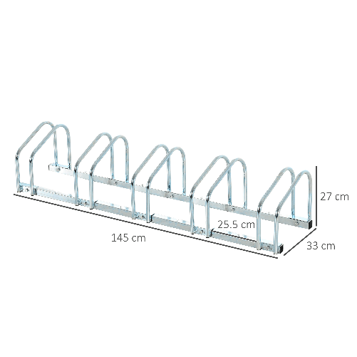 HOMCOM-Rastrelliera-Portabiciclette-Parcheggio-per-5-Biciclette-in-Acciaio-145-33-27-cm-Argento