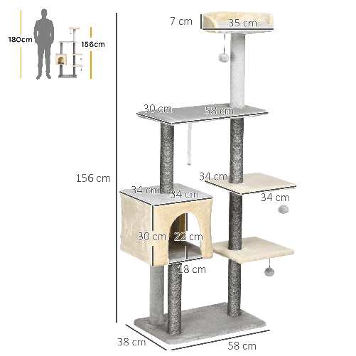 PawHut-Tiragraffi-per-Gatti-Alto-156cm-con-Lettino-Casetta-e-Pali-Tiragraffi-in-Sisal