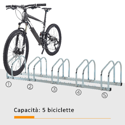 HOMCOM-Rastrelliera-Portabiciclette-Parcheggio-per-5-Biciclette-in-Acciaio-145-33-27-cm-Argento
