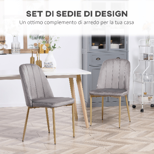 HOMCOM-Set-di-2-Sedie-da-Pranzo-Imbottite-con-Rivestimento-in-Velluto-e-Gambe-in-Acciaio-Grigio-e-Oro