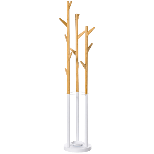 HOMCOM-Appendiabiti-da-Terra-di-Design-con-Portaombrelli-e-12-Ganci-Metallo-e-Bambu-30-5x30-5x174-5cm-Legno-e-Bianco