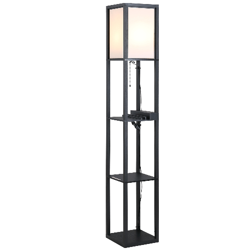 HOMCOM-Lampada-da-Terra-con-3-Mensole-e-2-Porte-USB-Attacco-Lampadine-E27-26x26x160cm-Nero