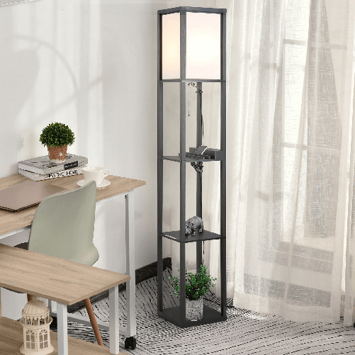 HOMCOM-Lampada-da-Terra-con-3-Mensole-e-2-Porte-USB-Attacco-Lampadine-E27-26x26x160cm-Nero