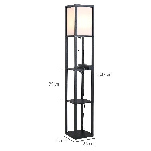 HOMCOM-Lampada-da-Terra-con-3-Mensole-e-2-Porte-USB-Attacco-Lampadine-E27-26x26x160cm-Nero