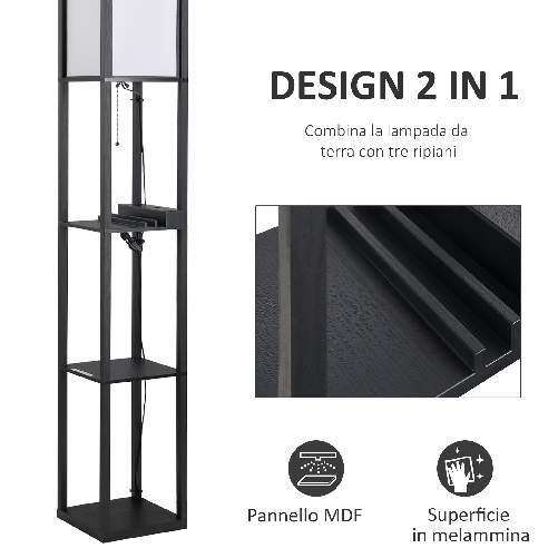 HOMCOM-Lampada-da-Terra-con-3-Mensole-e-2-Porte-USB-Attacco-Lampadine-E27-26x26x160cm-Nero