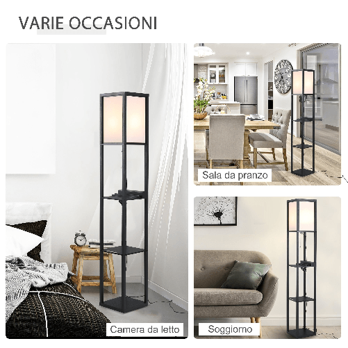 HOMCOM-Lampada-da-Terra-con-3-Mensole-e-2-Porte-USB-Attacco-Lampadine-E27-26x26x160cm-Nero