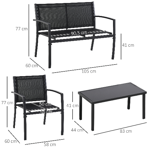 Outsunny-Salotto-da-Esterno-Set-4-Pezzi-con-1-Tavolino-2-Sedie-da-Giardino-e-1-Panca-in-Metallo-Nero