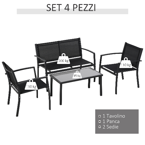Outsunny-Salotto-da-Esterno-Set-4-Pezzi-con-1-Tavolino-2-Sedie-da-Giardino-e-1-Panca-in-Metallo-Nero