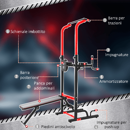HOMCOM-Stazione-da-Fitness-Sbarra-per-Trazioni-Power-Tower-Palestra-Multifunzione-Pieghevole-Altezza-Regolabile-180-230cm-Max--carico-120kg