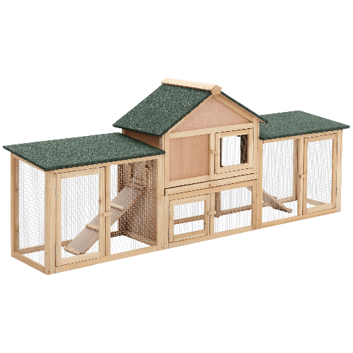 PawHut Conigliera da Giardino con Corsa e Rampe Tetto Impermeabile, Legno, 210x45.5x84.5cm