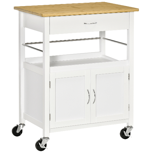 HOMCOM-Carrello-Cucina-con-Cassetto-Armadietto-e-Scaffale-Carrellino-Portavivande-con-Piano-in-Bambu-e-4-Ruote-Bianco