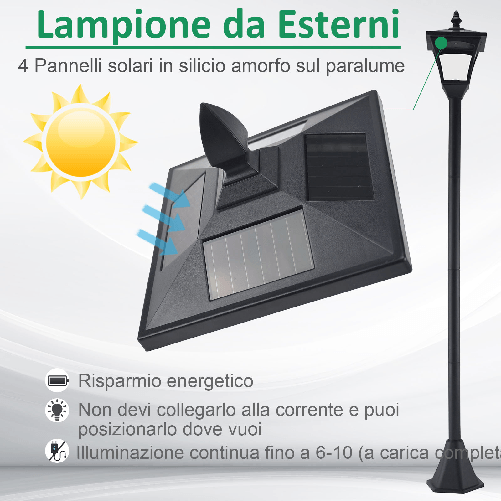 Outsunny-Lampione-LED-da-Esterno-ad-Energia-Solare-Lampada-da-Giardino-Lampada-da-Terra-Impermeabile-IP44-18-18-160cm-Nero