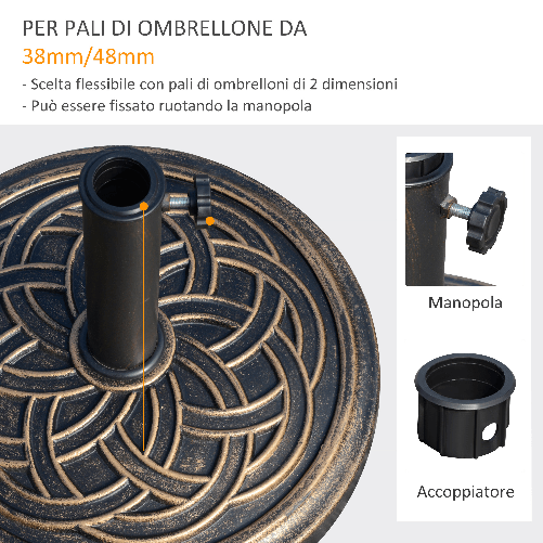 Outsunny-Base-per-Ombrellone-Rotonda-da-12kg-in-Resina-con-Decorazione-per-Pali-da-38mm-e-48mm--45x33cm-Bronzo