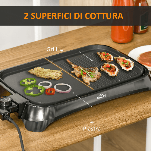 HOMCOM-Griglia-Elettrica-1600W-Antiaderente-con-2-Piastre-Temperatura-90-200--e-Vassoio-Raccogli-grasso