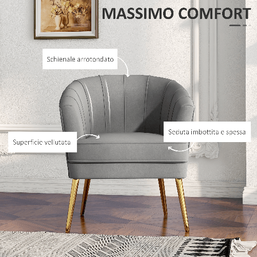 HOMCOM-Poltrona-in-Velluto-Imbottita-con-Gambe-Dorate-in-Poliestere-e-Acciaio-71x72x75cm-Grigio