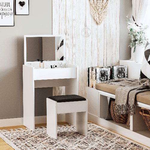HOMCOM-Tavolo-da-Trucco-con-Sgabello-Vano-Contenitore--10-Scomparti--Specchio-Richiudibile-MDF-Bianco-60-2-x-40-2-x-79cm
