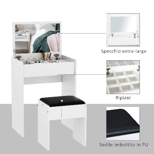 HOMCOM-Tavolo-da-Trucco-con-Sgabello-Vano-Contenitore--10-Scomparti--Specchio-Richiudibile-MDF-Bianco-60-2-x-40-2-x-79cm