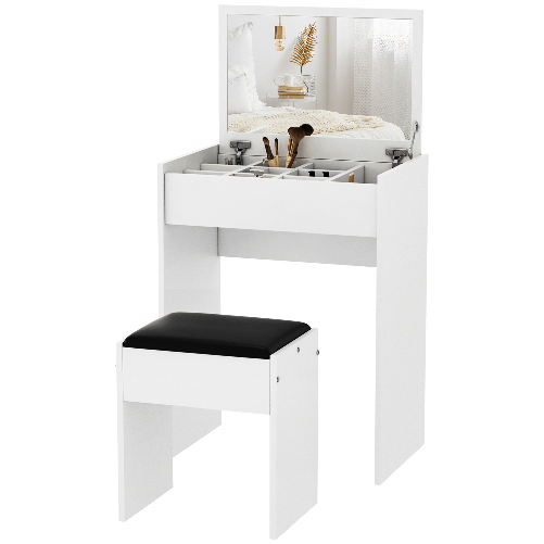 HOMCOM-Tavolo-da-Trucco-con-Sgabello-Vano-Contenitore--10-Scomparti--Specchio-Richiudibile-MDF-Bianco-60-2-x-40-2-x-79cm