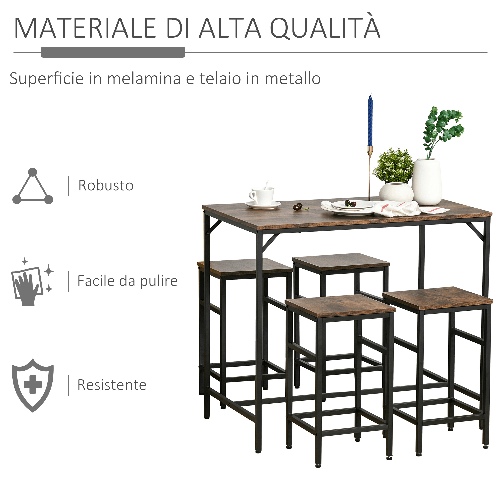 HOMCOM-Set-Tavolo-Alto-con-4-Sgabelli-Stile-Industriale-in-Metallo-e-Legno-Arredamento-Moderno-Soggiorno-e-Cucina-Marrone-Rustico