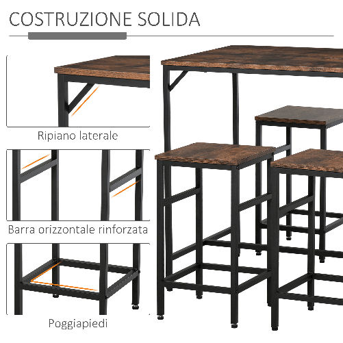 HOMCOM-Set-Tavolo-Alto-con-4-Sgabelli-Stile-Industriale-in-Metallo-e-Legno-Arredamento-Moderno-Soggiorno-e-Cucina-Marrone-Rustico