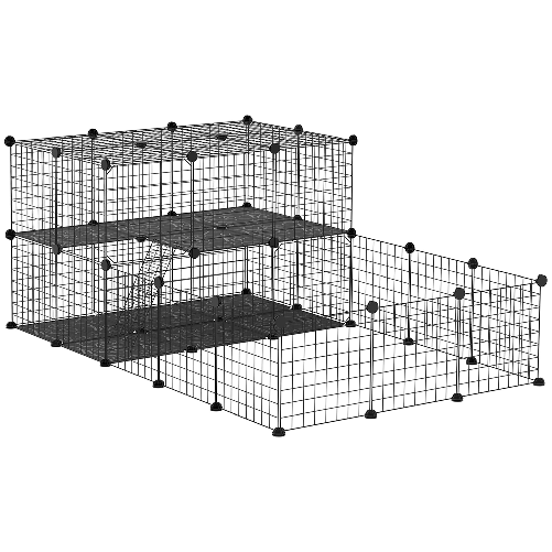 PawHut-Recinto-per-Conigli-Modulabile-in-Metallo-con-Scaletta-e-Accessori-Montaggio-175x105x70cm---Nero