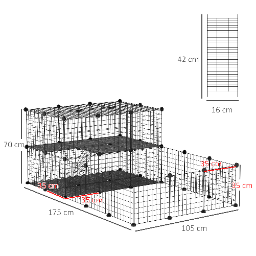 PawHut-Recinto-per-Conigli-Modulabile-in-Metallo-con-Scaletta-e-Accessori-Montaggio-175x105x70cm---Nero