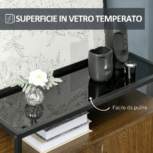 HOMCOM-Armadietto-Due-Ante-in-MDF-con-Piano-d-Appoggio-in-Vetro-Temperato-82x30x98-cm-Marrone-e-Nero