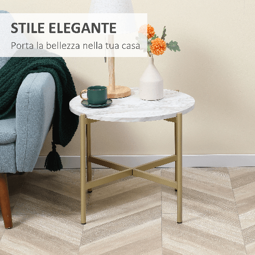HOMCOM-Tavolino-da-Caffe-con-Piano-d-Appoggio-Effetto-Marmo-e-Struttura-in-Metallo-Dorato--55x45cm-Bianco