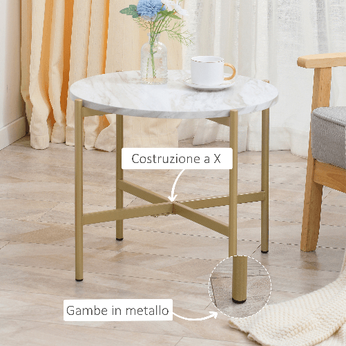 HOMCOM-Tavolino-da-Caffe-con-Piano-d-Appoggio-Effetto-Marmo-e-Struttura-in-Metallo-Dorato--55x45cm-Bianco