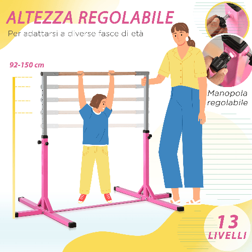 HOMCOM-Sbarra-per-Ginnastica-Artistica-o-Danza-Classica-Regolabile-in-Altezza--92-150-cm--per-Bambini-Max--75-kg-Rosa