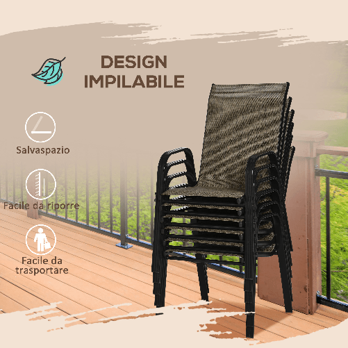Outsunny-Sedie-da-Giardino-Set-6-Pezzi-Sedie-da-Esterno-Impilabili-in-Metallo-e-Tessuto-Traspirante-Marrone