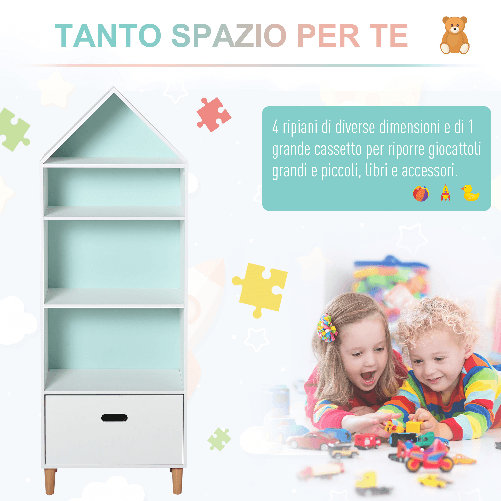 HOMCOM-Libreria-Scaffale-Portagiochi-per-Cameretta-con-1-Cassetto-e-4-Ripiani-Bianco-e-Azzurro