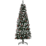 HOMCOM Albero di Natale Innevato con Bacche Rosse da Interni, Base Rimovibile e Pieghevole, 539 Rami, ?60x180cm - Verde