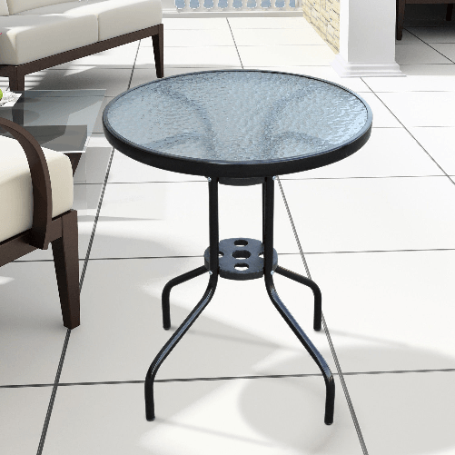 Outsunny-Tavolino-In-Ferro-Rotondo-con-Piano-in-Vetro-Temperato-Nero--60x70cm